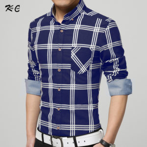 SHRT ID 014 -2016-KingCool-Brand-Logo-100-Cotton-Men-Shirt-Three-Line-Plaid-Print-England-Style-Summer-Young